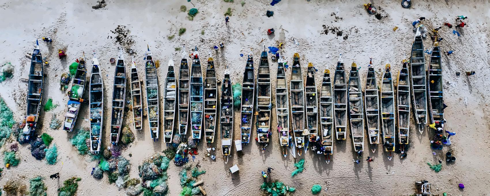 Fishing pirogues drawn up in a row on a West African beach, seen from above