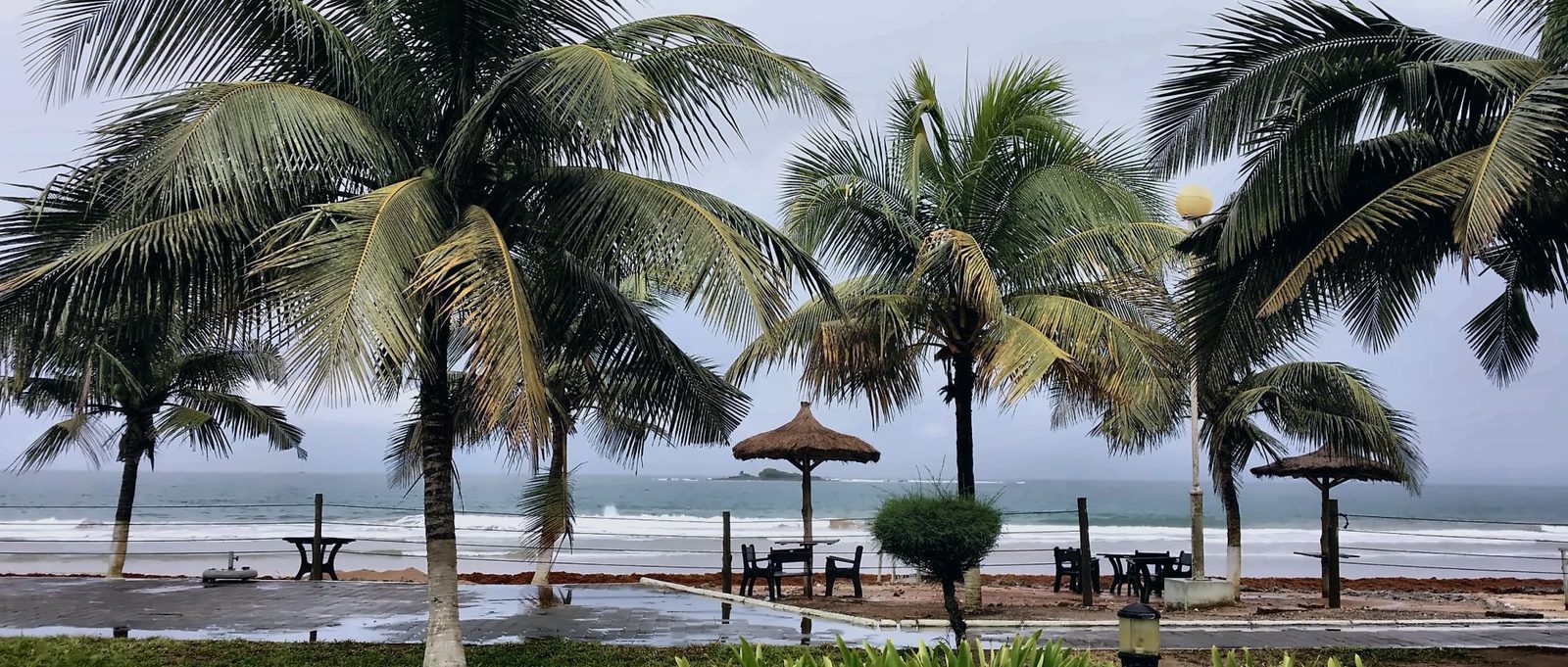 Palms and thatched shelters above the Ghanaian coast